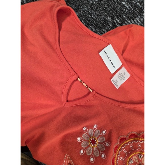Alfred Dunner Womens XL Orange Short Sleeve Top Embroidered Floral Keyhole Neck - Picture 4 of 9